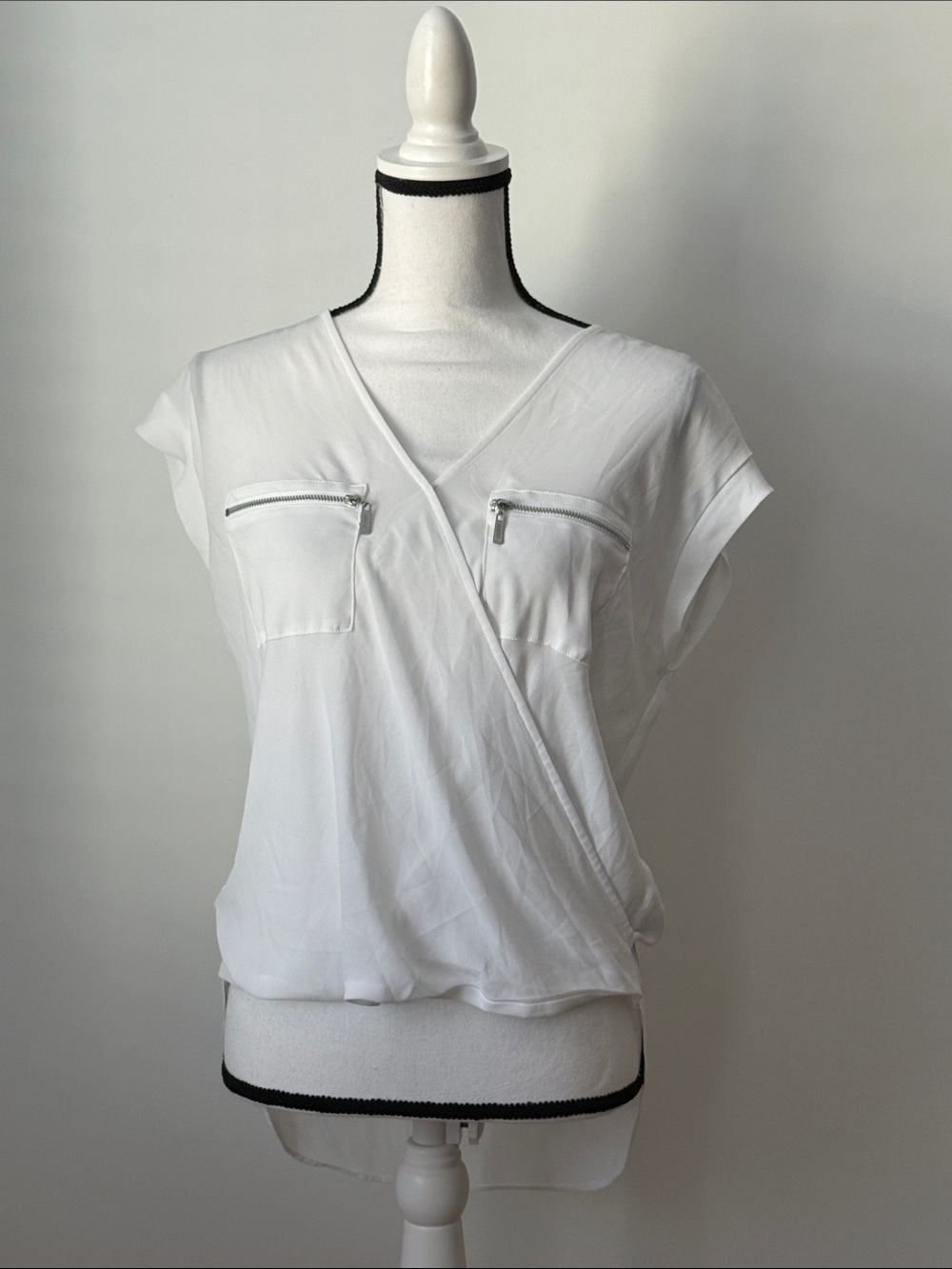 Guess White Women's Wrap-Front Top with Zip Pocket Details, Size XS